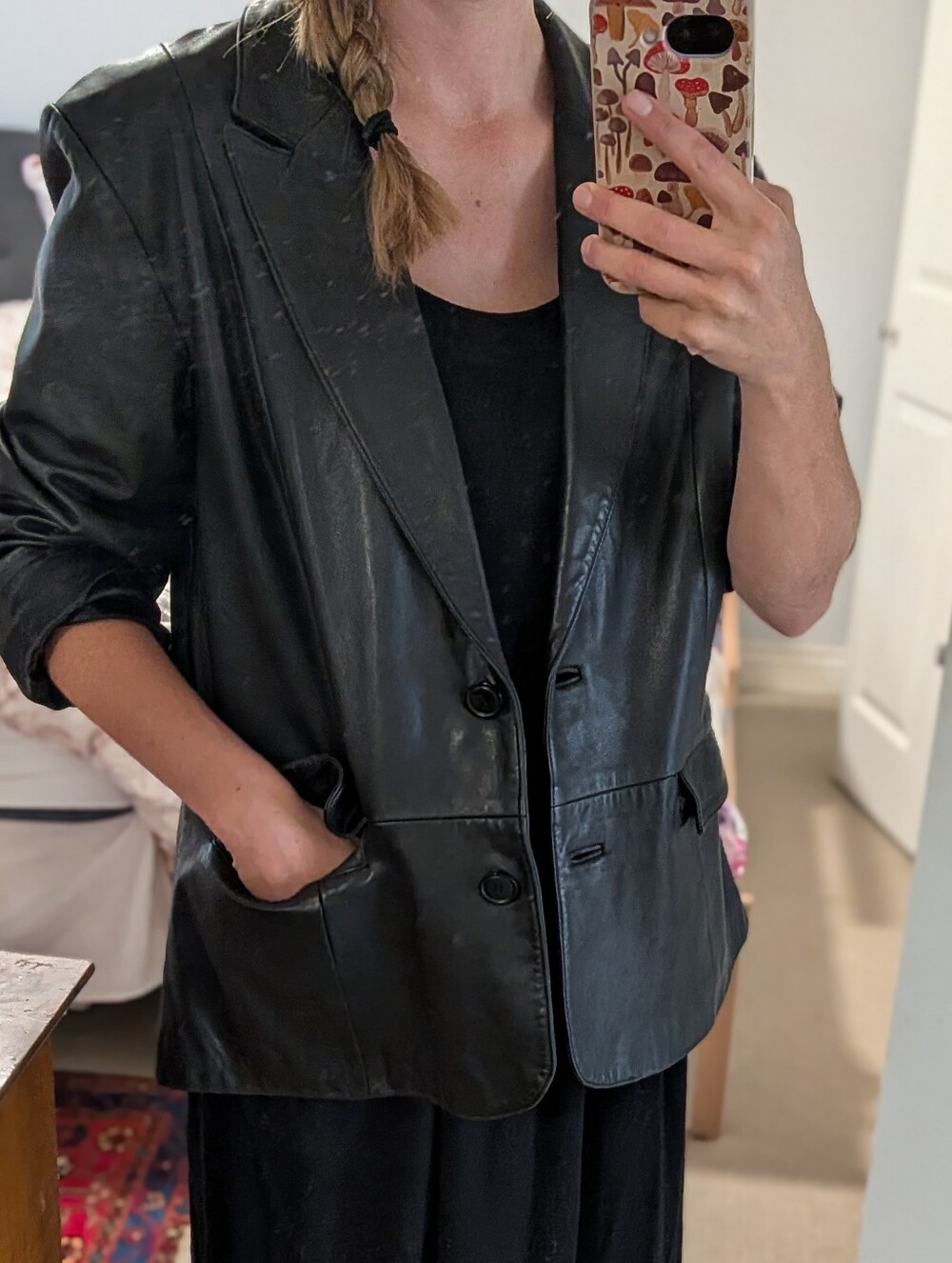 Vintage Black Leather Blazer Jacket - Women